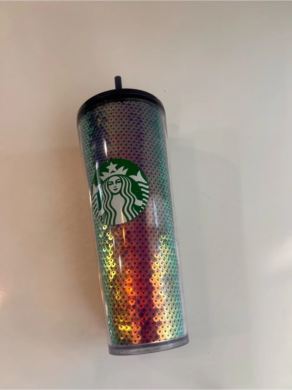 Starbucks Rainbow Sequin Tumbler with Green Logo and Black Lid